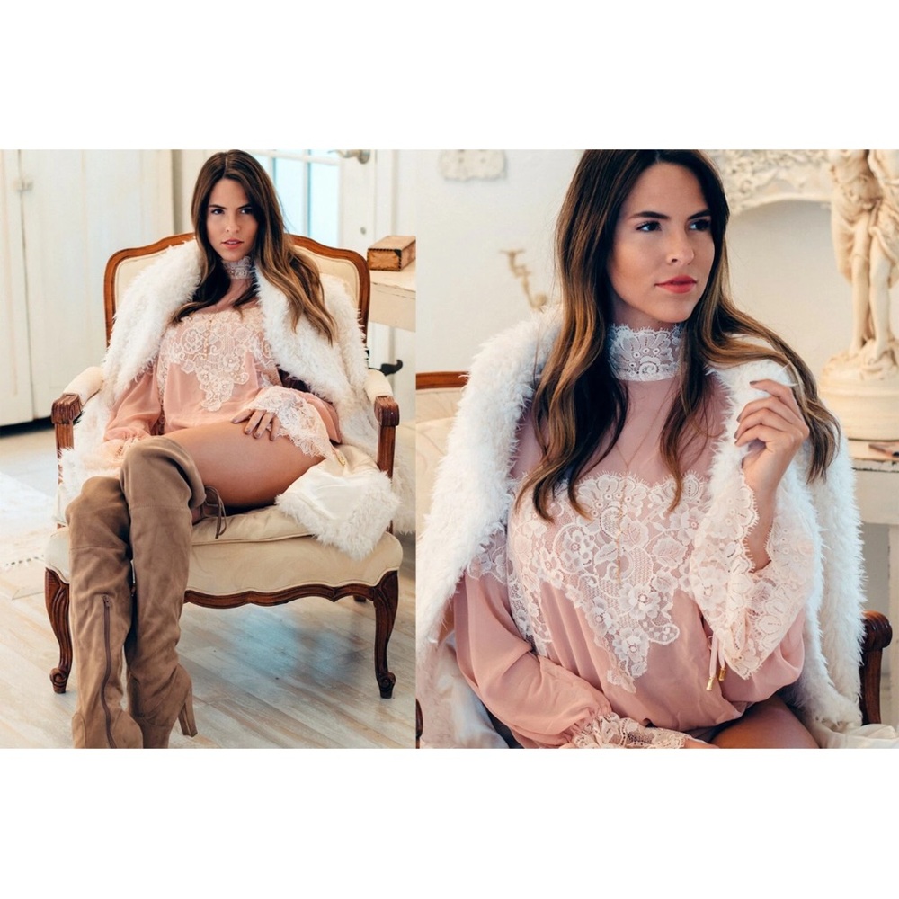 We Are HAH x Revolve Queen 4 A Day Lace Chiffon Bodysuit in Copper Rose size XS - Picture 13 of 16